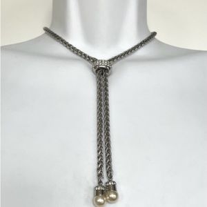 Beautiful Thick Chain Lariat With CZ and Pearl Accents and Magnetic Claap.